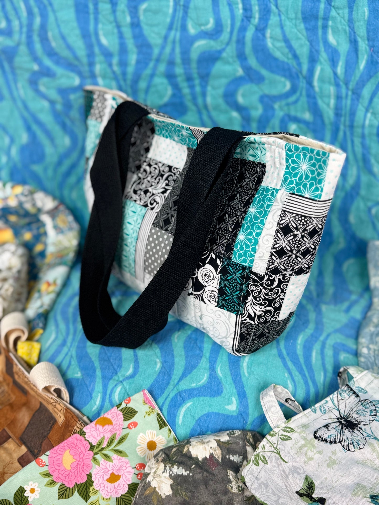Black & Blue Patchwork Tote - Small