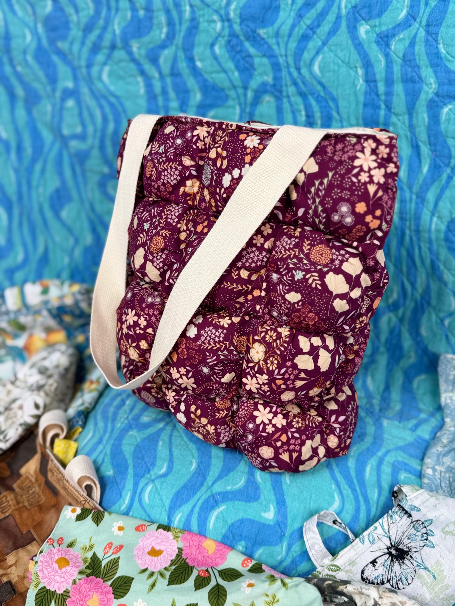 Maroon Floral Puff Tote